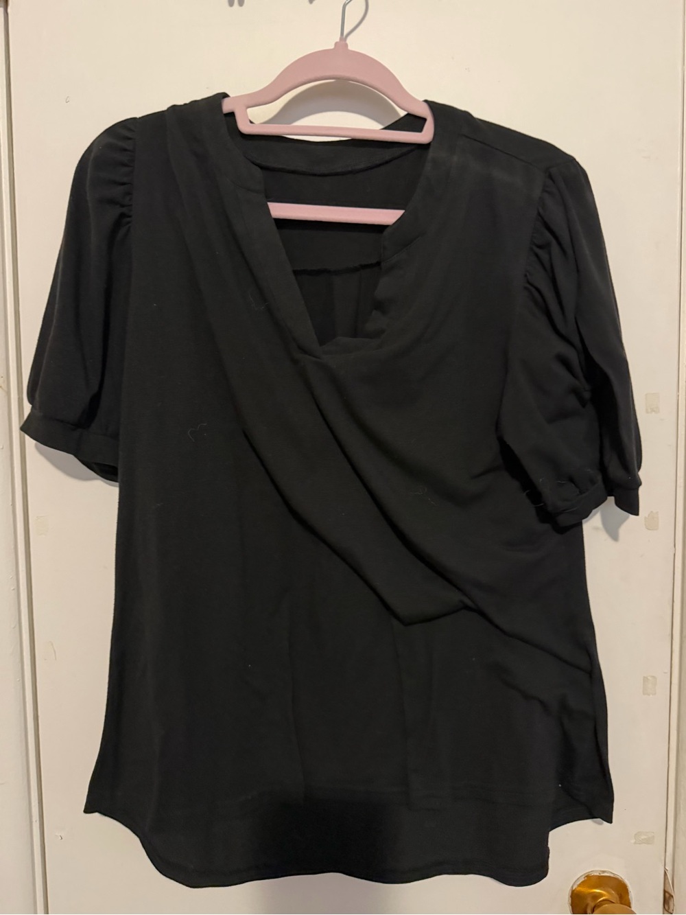 Black Puff Sleeve Surplice Women's Top